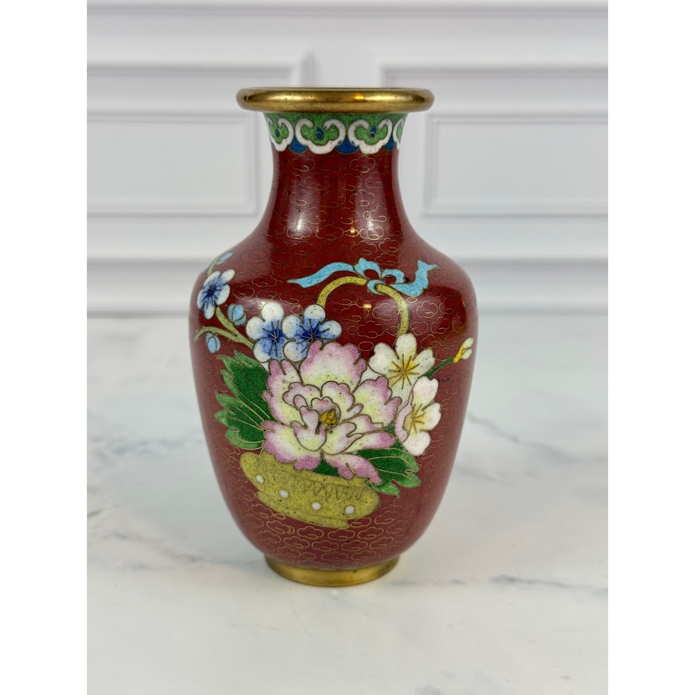 Vintage Brass Chinese Cloisonné 5" Floral Peony Motif Vase Brown Maroon